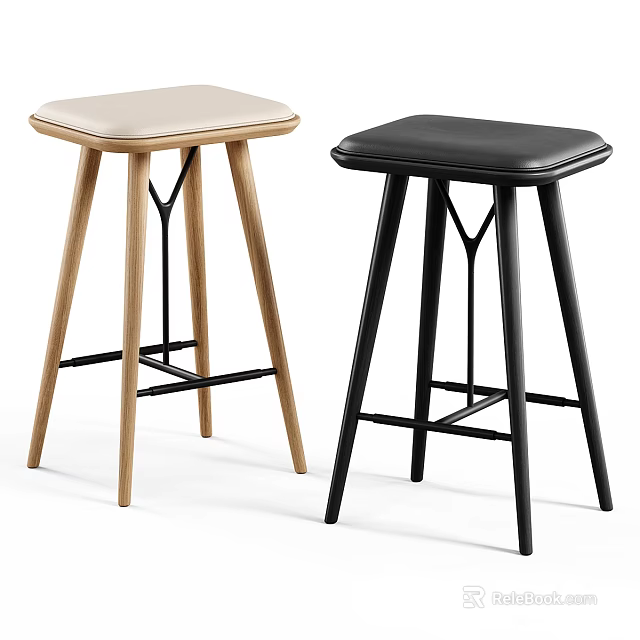 Two Modern Stools With Light And Dark Upholstered Seats And Wooden Legs 3d model 