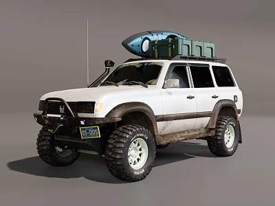White Off Road SUV With Roof Mounted Surfboard And Cargo Box For Outdoor Adventure 3d model