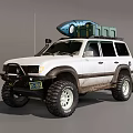 White Off Road SUV With Roof Mounted Surfboard And Cargo Box For Outdoor Adventure