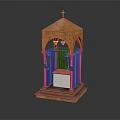 Wooden Prayer Kiosk Featuring Red Curtains Cross On Top And Small Table Inside