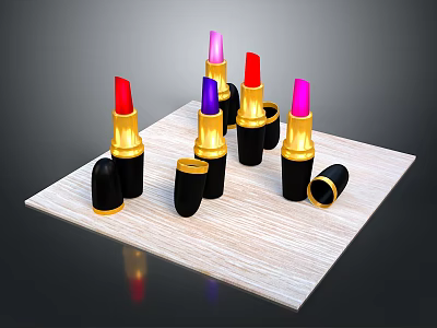 Colorful Lipsticks With Black Cases And Gold Bases Open Closed On Wooden Tray 3d model