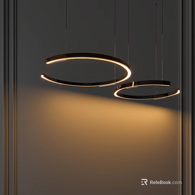 Modern Hanging Circular Chandelier With Illuminated Rings And Black Metal Frame 3d model 