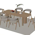 Modern Wooden Dining Table Set with 6 Light Chairs and Decorative Plant plus Fruits