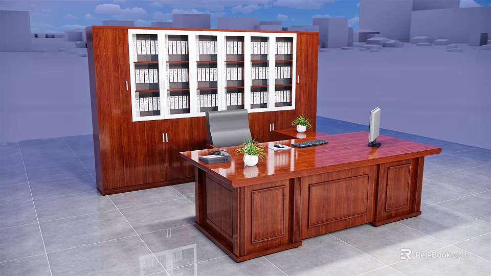 Wooden Office Desk With Large Wooden Bookshelf File Folders Potted Plant And Office Phone 3d model 