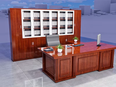Wooden Office Desk With Large Wooden Bookshelf File Folders Potted Plant And Office Phone 3d model