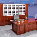 Wooden Office Desk With Large Wooden Bookshelf File Folders Potted Plant And Office Phone