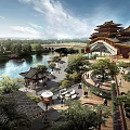 Traditional Ancient Chinese Architecture With Tiered Roofs Overhanging Eaves River Garden And Sunset View