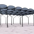 Modern Pergola With Net-like Metal Frame Against Sunset Sky And Open Space
