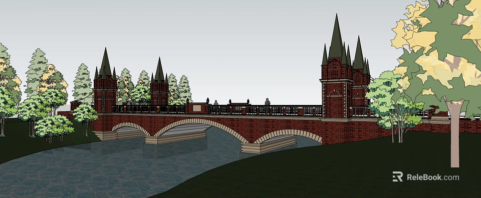 Red Brick Arched Bridge Architectural Design with Spire Towers Trees and Water 3d model 