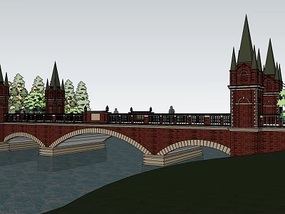 Red Brick Arched Bridge Architectural Design with Spire Towers Trees and Water 3d model
