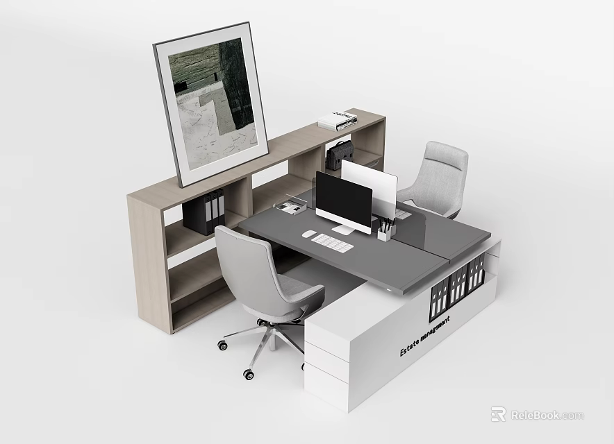 Modern Office Desk With Ergonomic Chairs Computer Monitor Storage Shelves And Wall Art 3d model 