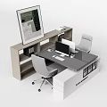 Modern Office Desk With Ergonomic Chairs Computer Monitor Storage Shelves And Wall Art