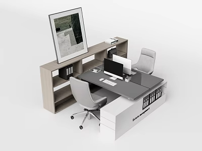 Modern Office Desk With Ergonomic Chairs Computer Monitor Storage Shelves And Wall Art 3d model
