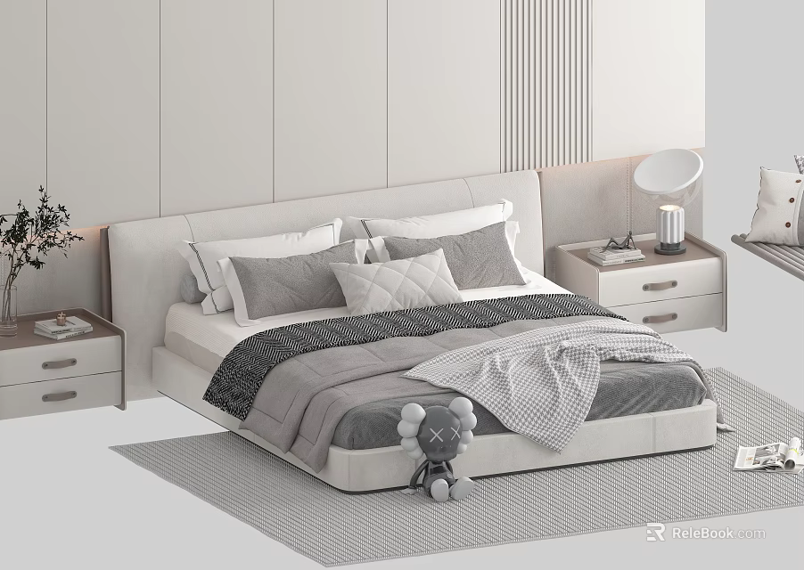 Modern Double Bed With Plush Pillows Blanket Nightstands Lamps Gray Rug And Stuffed Toy 3d model 