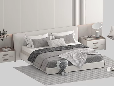 Modern Double Bed With Plush Pillows Blanket Nightstands Lamps Gray Rug And Stuffed Toy 3d model