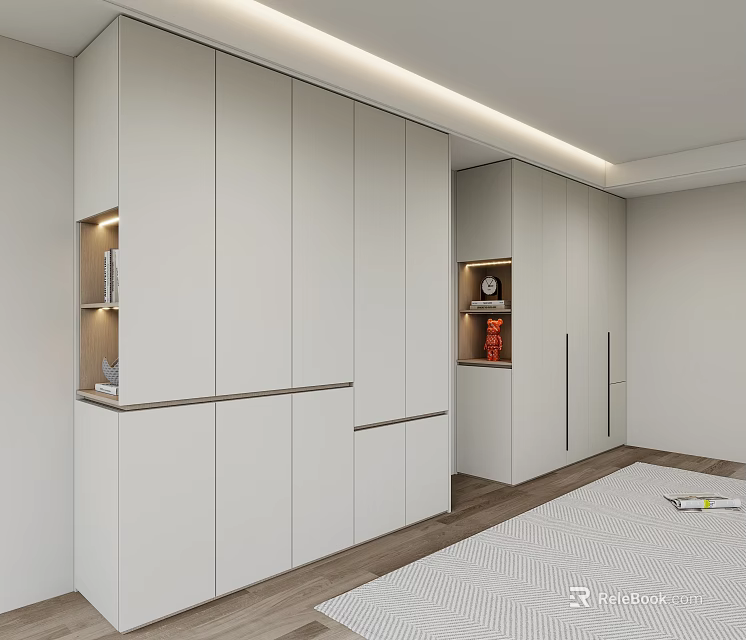 Modern White Built in Wardrobe with Open Shelves LED Lighting and Wooden Flooring in Bedroom 3d model 