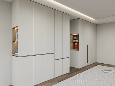Modern White Built in Wardrobe with Open Shelves LED Lighting and Wooden Flooring in Bedroom 3d model