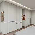 Modern White Built in Wardrobe with Open Shelves LED Lighting and Wooden Flooring in Bedroom