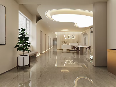 Modern Beauty Hair Salon Lobby With Bright Lighting Marble Floor Green Plant And Reception Desk 3d model