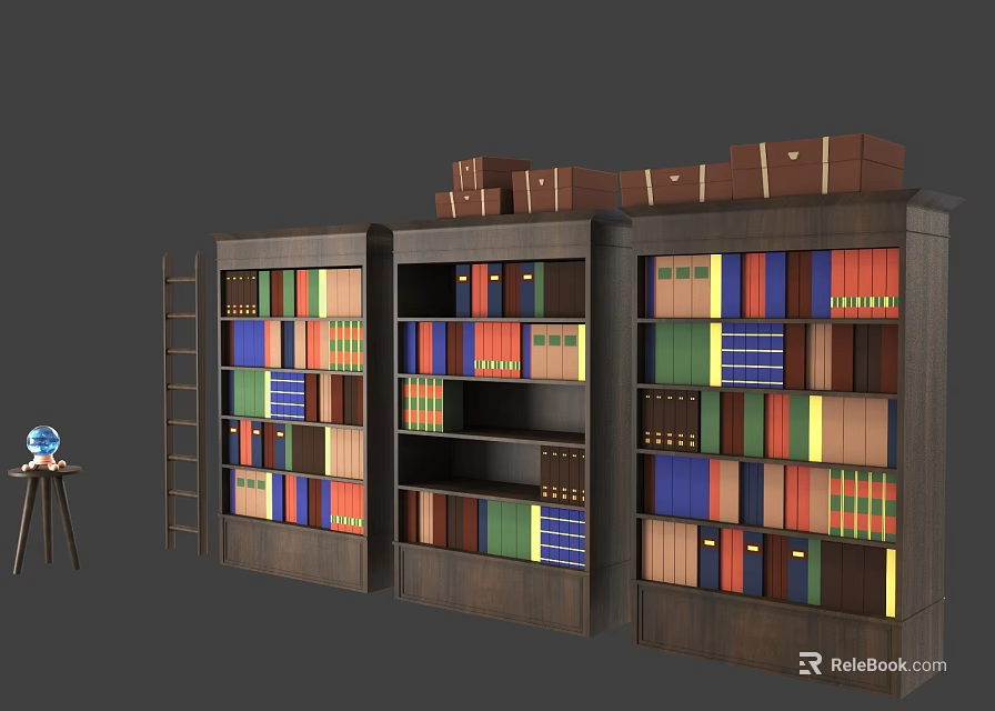 Wooden Bookcase Filled With Colorful Books With Boxes On Top And Ladder Beside Globe 3d model 
