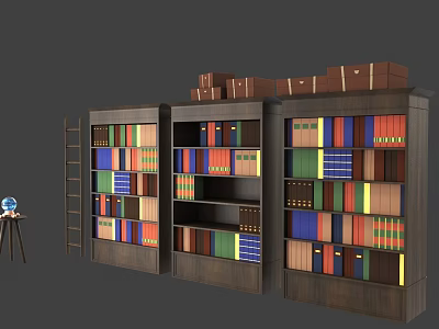 Wooden Bookcase Filled With Colorful Books With Boxes On Top And Ladder Beside Globe 3d model