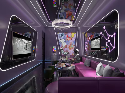 KTV Private Room Interior With Purple Sofa Neon Lights Mirrors TV Screens And Decorative Paintings 3d model