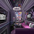 KTV Private Room Interior With Purple Sofa Neon Lights Mirrors TV Screens And Decorative Paintings