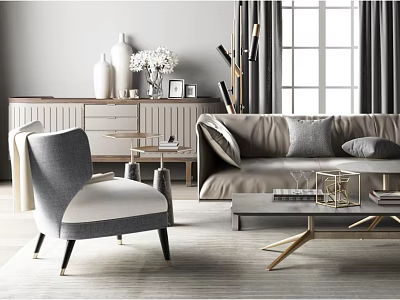 Modern Elegant Living Room With Gray Sofa Gold Metal Frame Coffee Table And Gray Armchair 3d model
