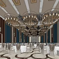 Elegant Banquet Hall Interior With Golden Chandeliers White Tables And Decorative Chair Covers