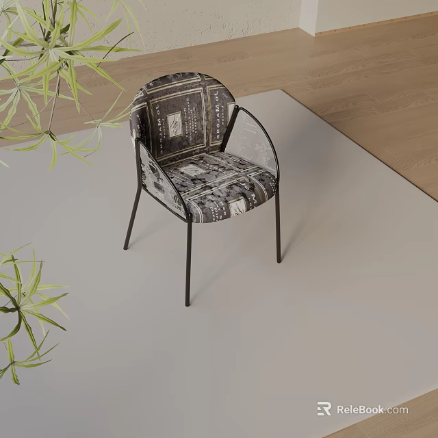Patterned Fabric Accent Chair With Black Metal Frame On Wooden Floor And Green Plants 3d model 