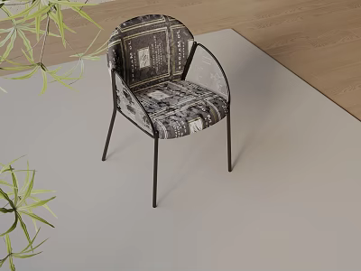 Patterned Fabric Accent Chair With Black Metal Frame On Wooden Floor And Green Plants 3d model