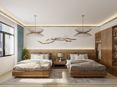 Cozy Bedroom Interior With Twin Wooden Beds Pendant Lights Wall Decor And Green Plant 3d model