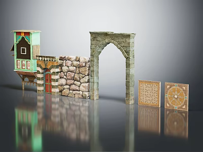 Traditional Entrance Gate Design With Arched Stone Wall And Decorative Patterns 3d model