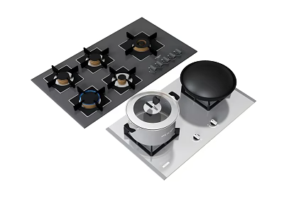Modern Gas Stove With Multiple Burners And Control Knobs On Black Silver Panels 3d model