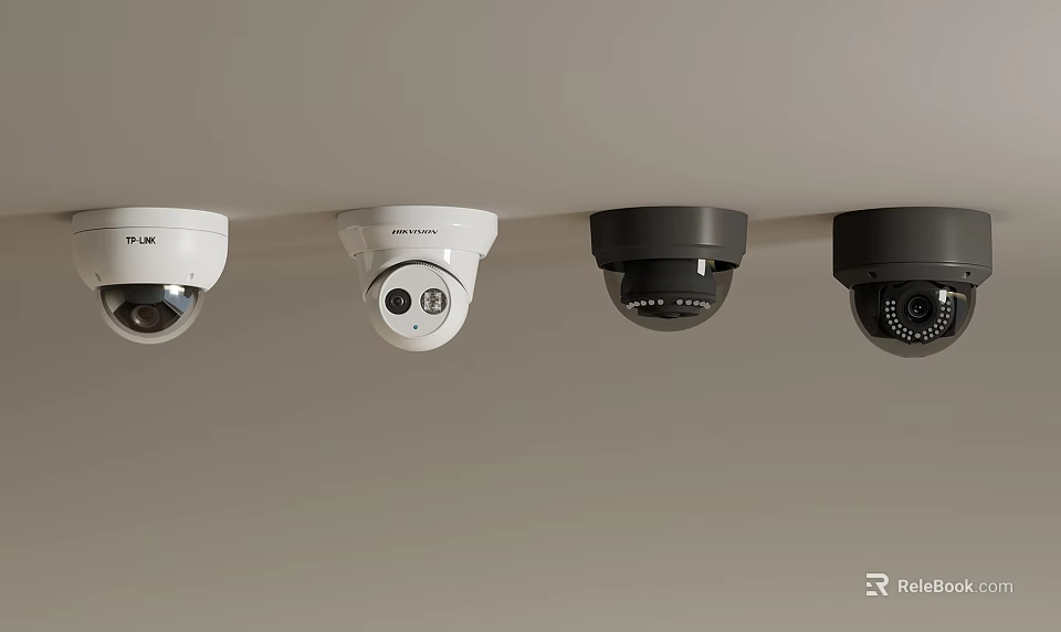 Multiple Ceiling Mounted Dome Security Cameras In White And Black 3d model
