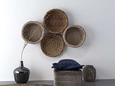 Modern Stool Bamboo Basket Dustpan Decoration 3d model