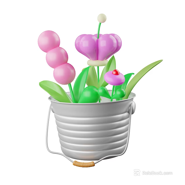 Decorative Ornament Set with Pink Beads Purple Flowers and Green Leaves in Silver Bucket Container 3d model 
