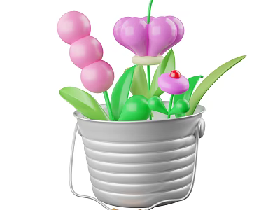 Decorative Ornament Set with Pink Beads Purple Flowers and Green Leaves in Silver Bucket Container 3d model