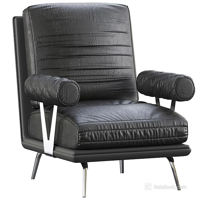 Black Leather Office Chair With Stitched Backrest Padded Armrests And Silver Metal Legs 3d model 