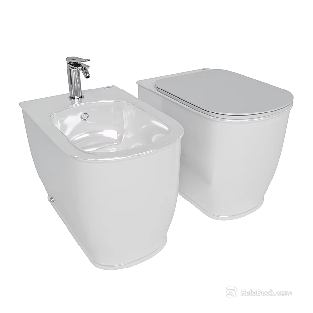 Modern White Ceramic Toilet and Bidet Set with Sleek Contemporary Design for Bathroom 3d model 