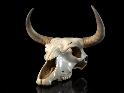 White Cow Skull With Large Curved Horns And Natural Bone Texture On Black Background 3d model