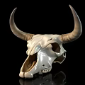 White Cow Skull With Large Curved Horns And Natural Bone Texture On Black Background