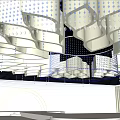 Modern Banquet Hall Interior Design With Wavy White Suspended Ceiling And Crystal Pendant Lights