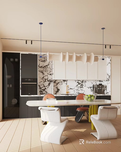 Modern Restaurant Interior Design With Marble Counter White Cabinets Hanging Lights And Dining Chairs 3d model 