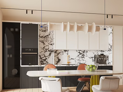 Modern Restaurant Interior Design With Marble Counter White Cabinets Hanging Lights And Dining Chairs 3d model