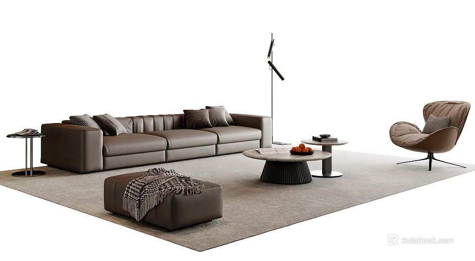 Modern Brown Leather Sofa and Coffee Table Set with Ottoman and Floor Lamp on Rug 3d model 