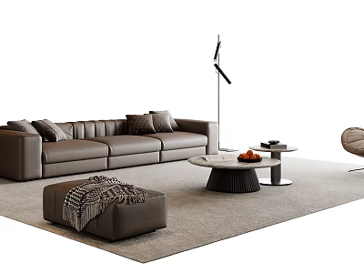 Modern Brown Leather Sofa and Coffee Table Set with Ottoman and Floor Lamp on Rug 3d model