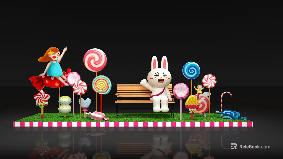 Colorful Candy Theme Scene With Girl Lollipops Rabbit Doll Bench And Grass 3d model 