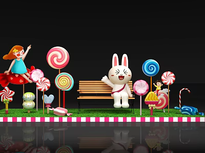 Colorful Candy Theme Scene With Girl Lollipops Rabbit Doll Bench And Grass 3d model