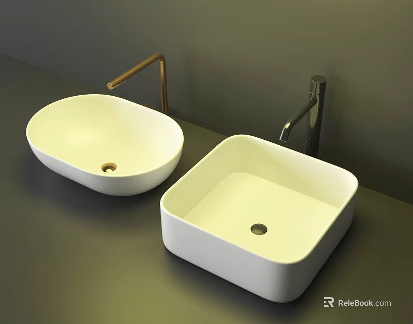 Modern White Oval and Square Washbasins with Gold Silver Handles on Grey Countertop 3d model 
